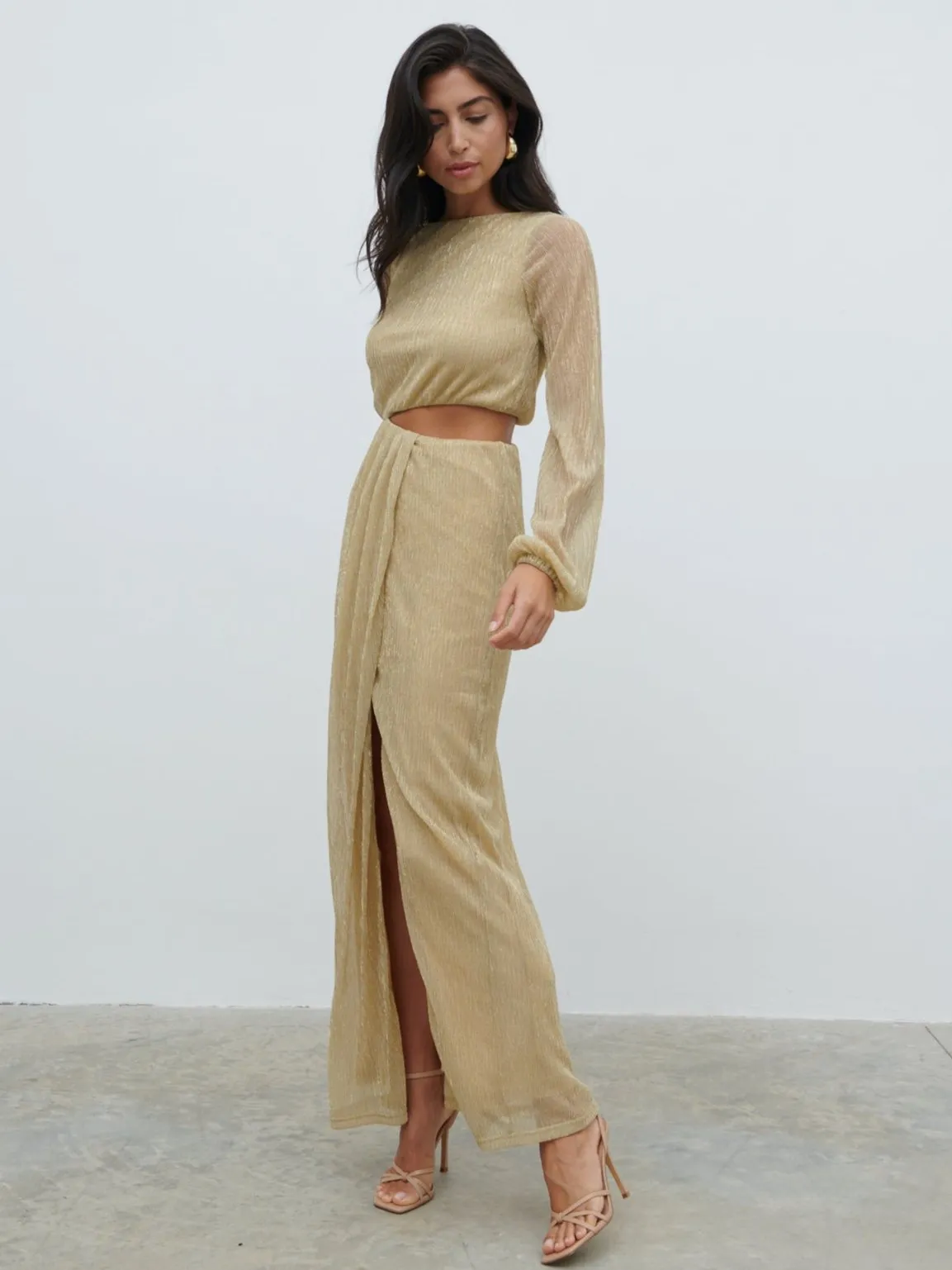 Rae Cut Out Maxi Dress - Metallic Gold sold by Pretty Lavish
