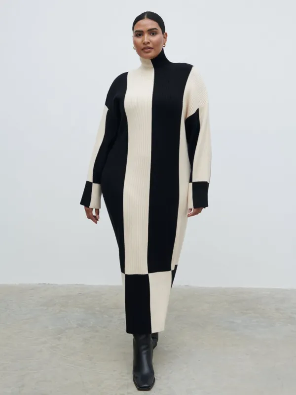 Nayah High Funnel Neck Knit Dress Curve - Stripe sold by Pretty Lavish
