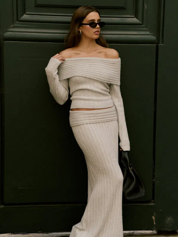 Petra Cosy Rib Knit Maxi Skirt - Grey Marl sold by Pretty Lavish