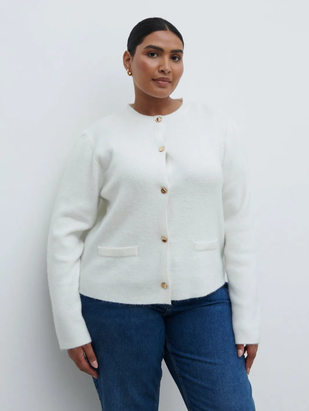 Sabrina Gold Button Knit Cardigan Curve - Cream sold by Pretty Lavish