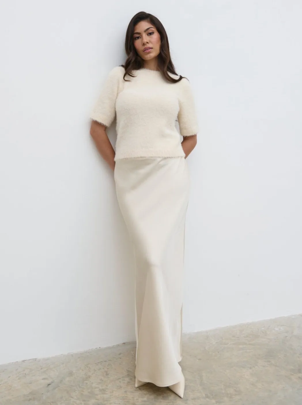 Kelly Cropped Fluffy Knit T-Shirt - Cream sold by Pretty Lavish