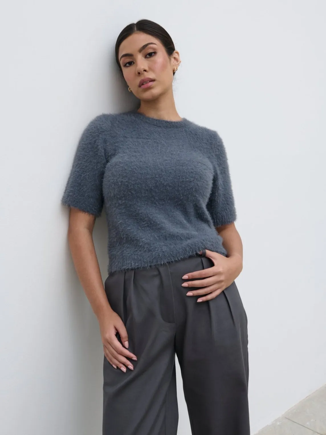 Kelly Cropped Fluffy Knit T-Shirt - Charcoal sold by Pretty Lavish