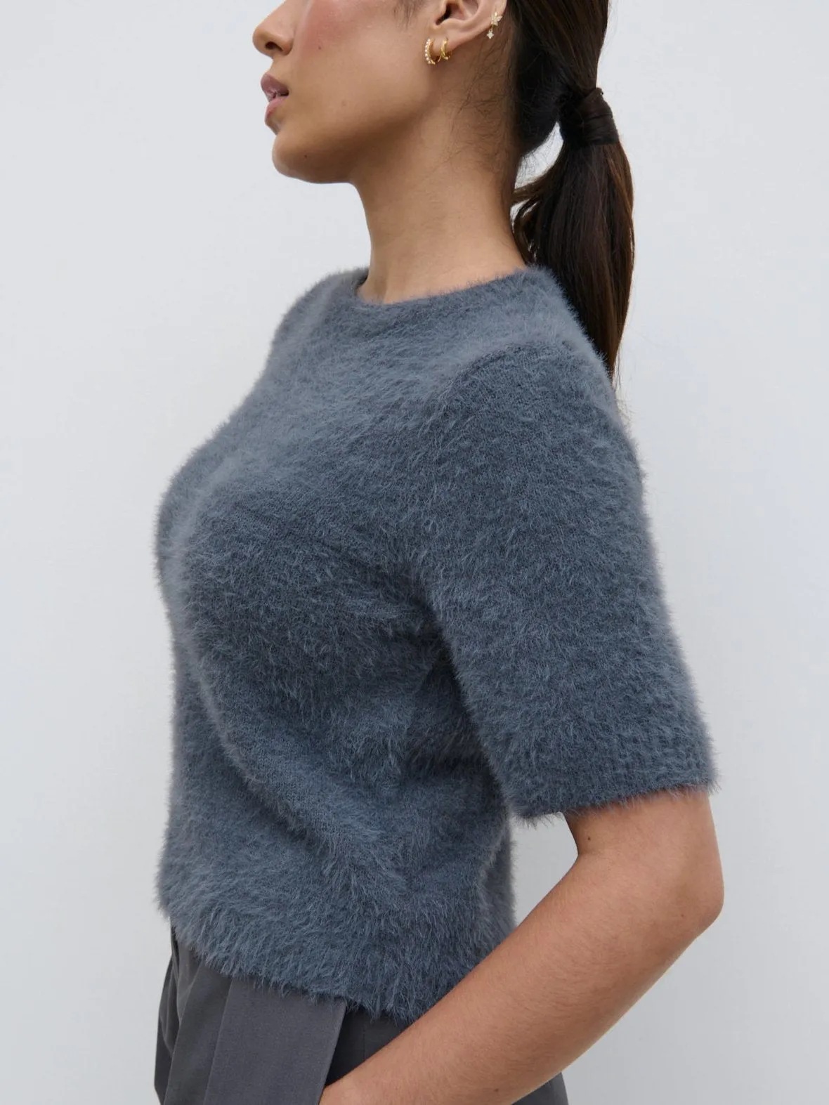 Kelly Cropped Fluffy Knit T-Shirt - Charcoal sold by Pretty Lavish product image thumbnail 2