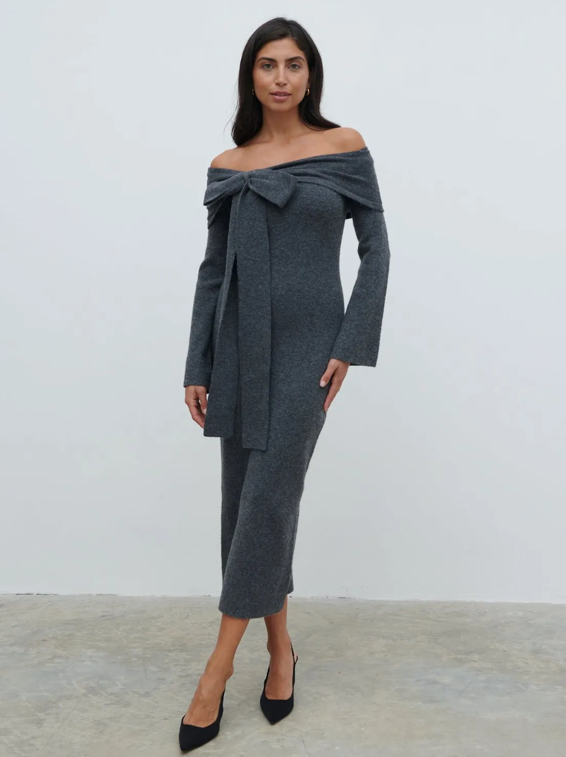 Tilda Bow Bardot Knit Midaxi Dress - Charcoal sold by Pretty Lavish