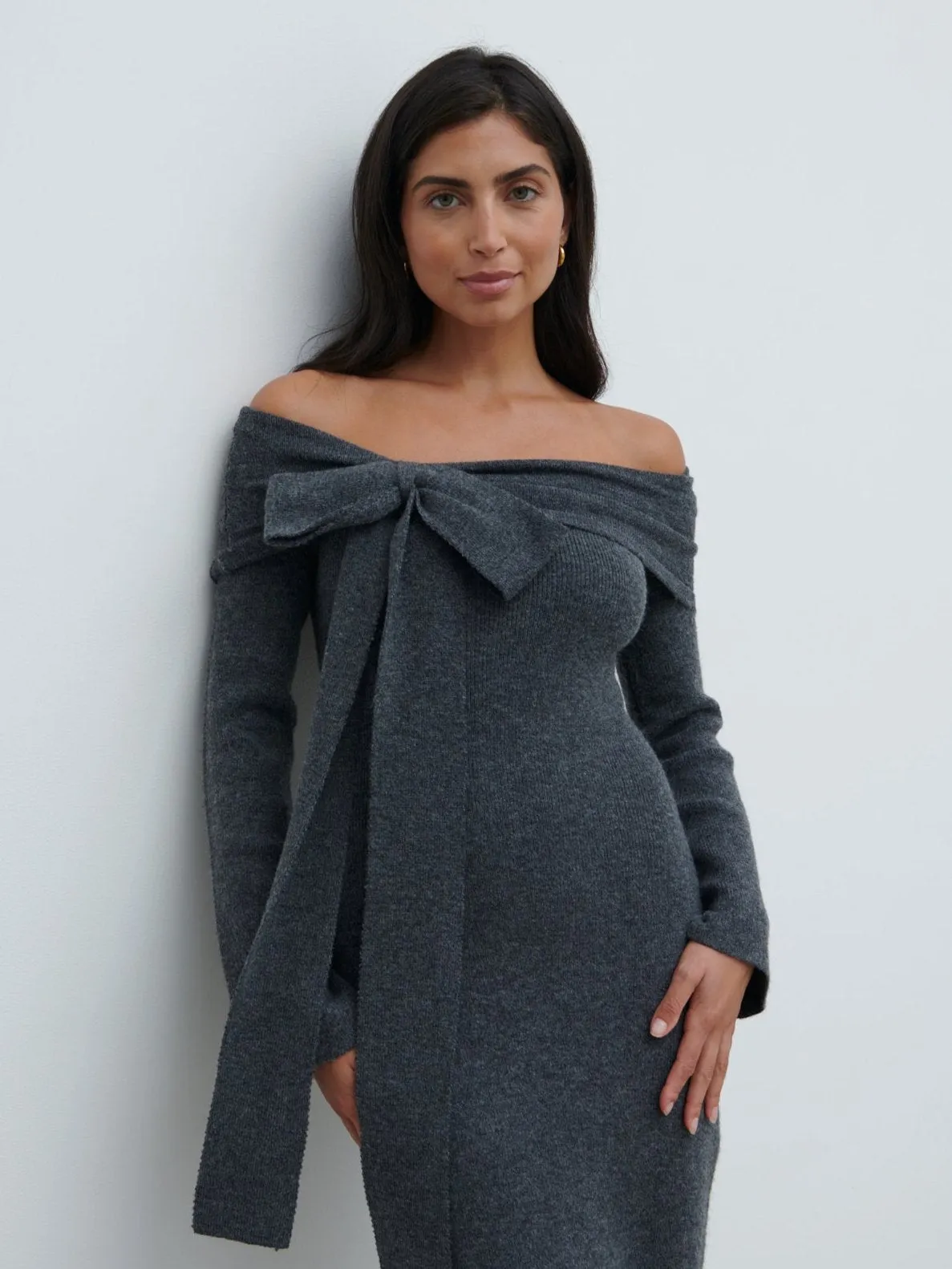 Tilda Bow Bardot Knit Midaxi Dress - Charcoal sold by Pretty Lavish product image thumbnail 2