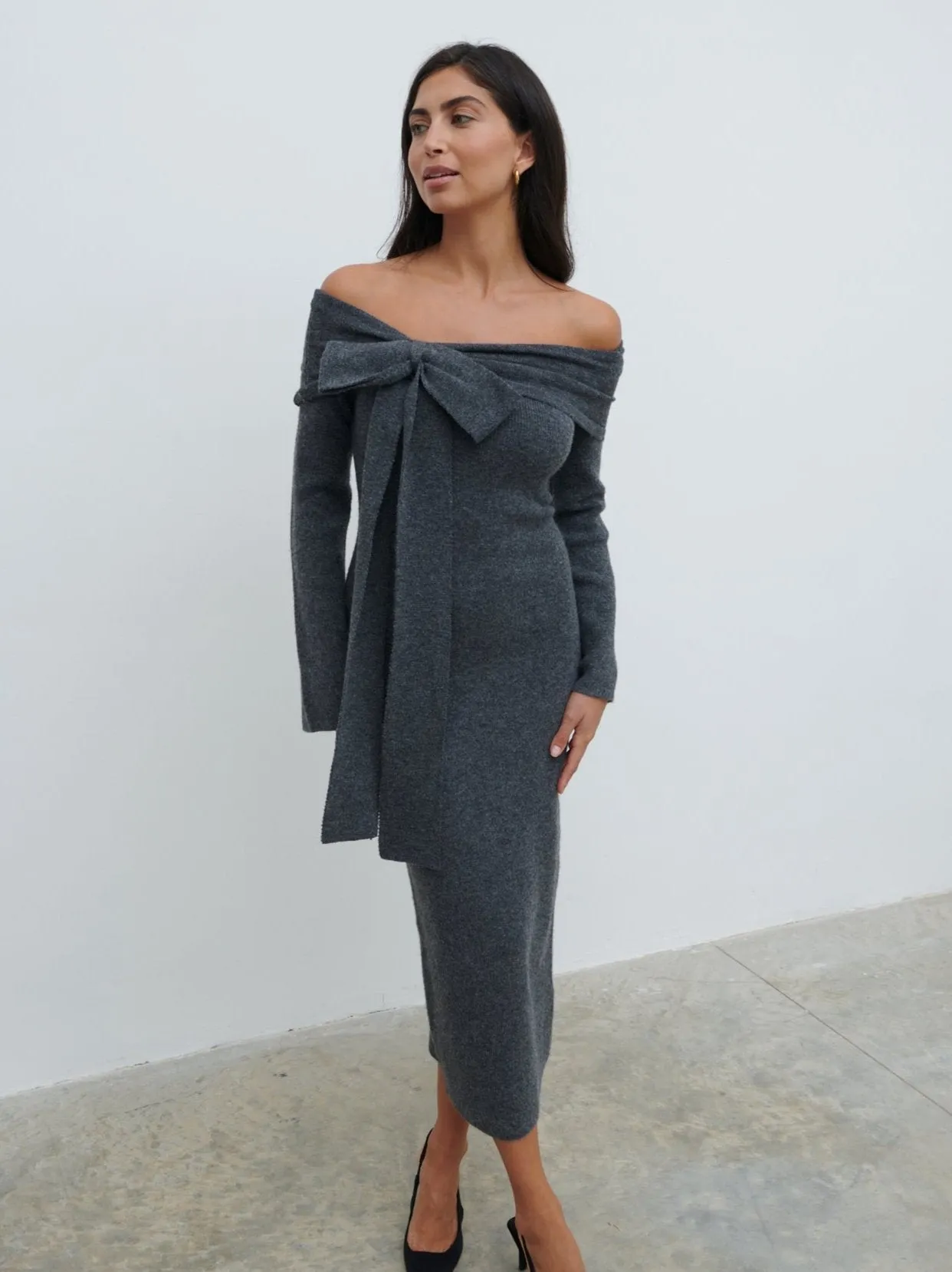 Tilda Bow Bardot Knit Midaxi Dress - Charcoal sold by Pretty Lavish product image thumbnail 4
