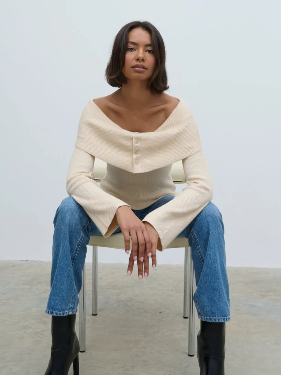 Elora Bardot Button Front Knit Top - Oatmeal sold by Pretty Lavish product image thumbnail 3