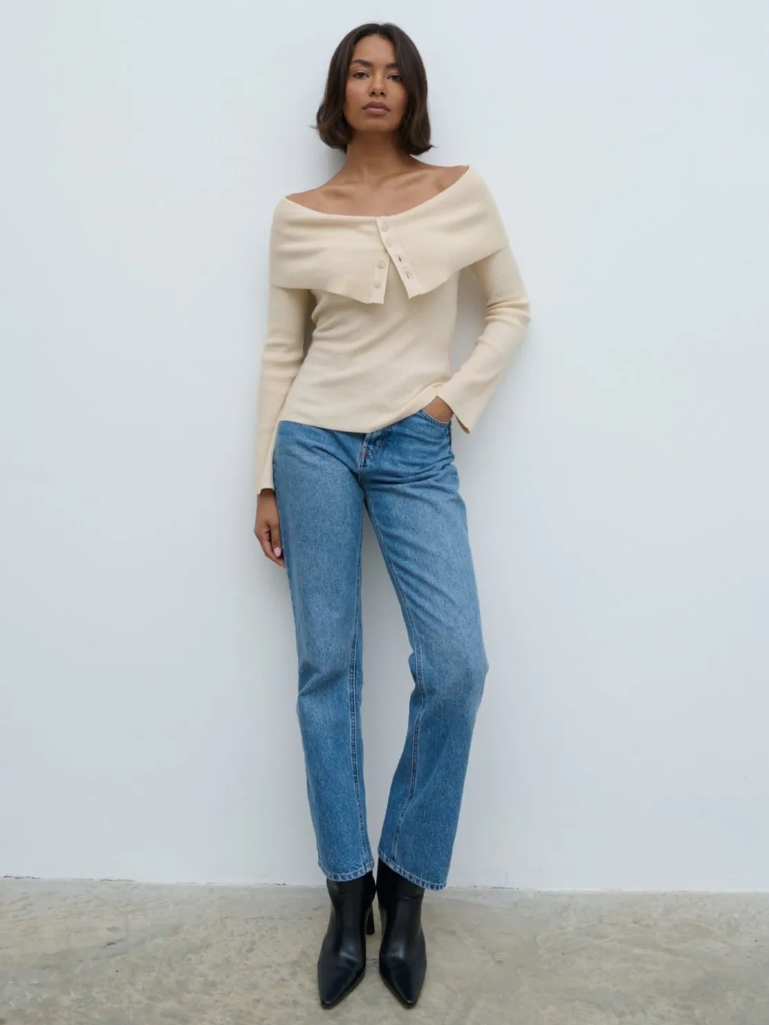 Elora Bardot Button Front Knit Top - Oatmeal sold by Pretty Lavish product image thumbnail 5