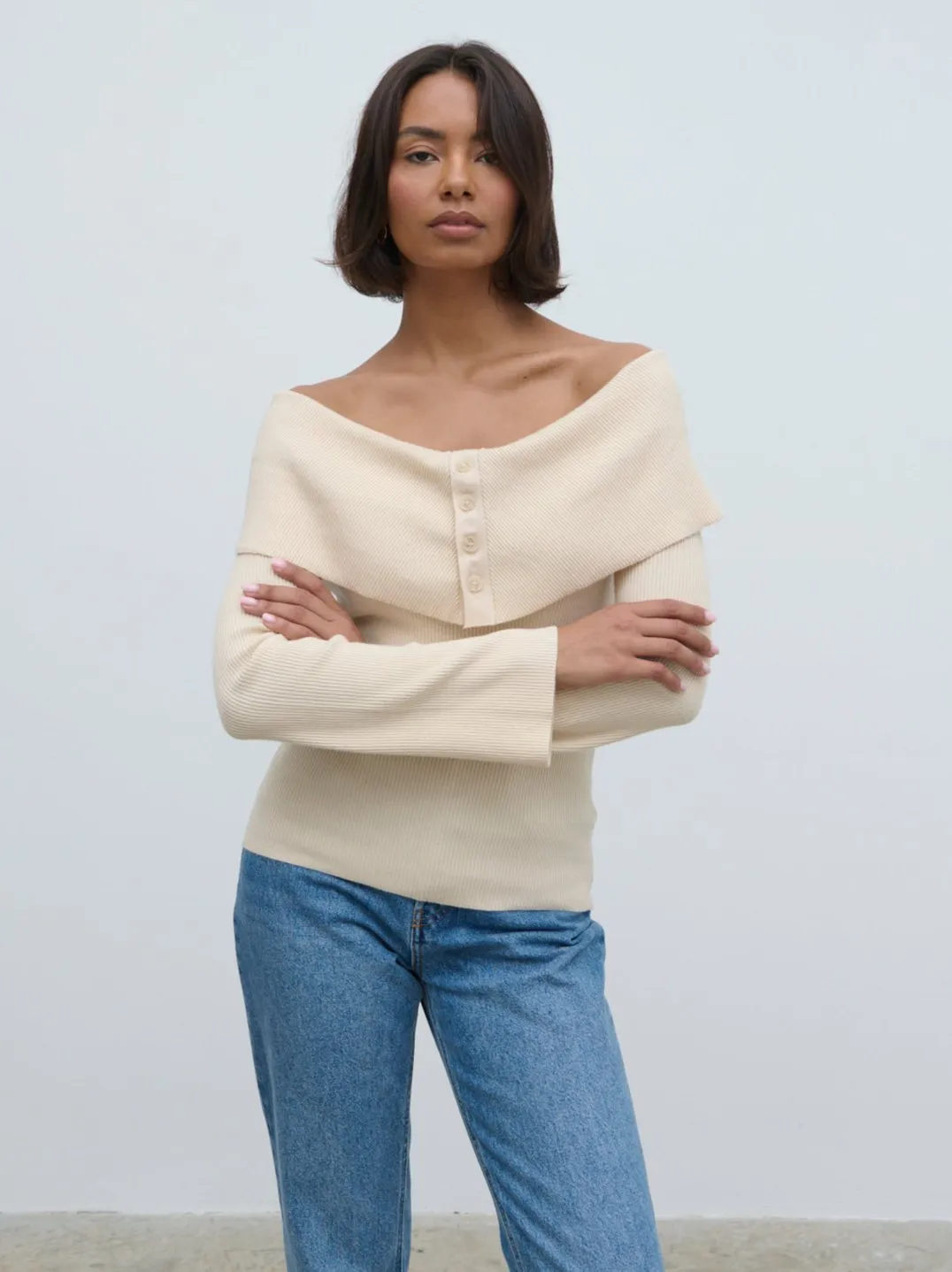 Elora Bardot Button Front Knit Top - Oatmeal sold by Pretty Lavish