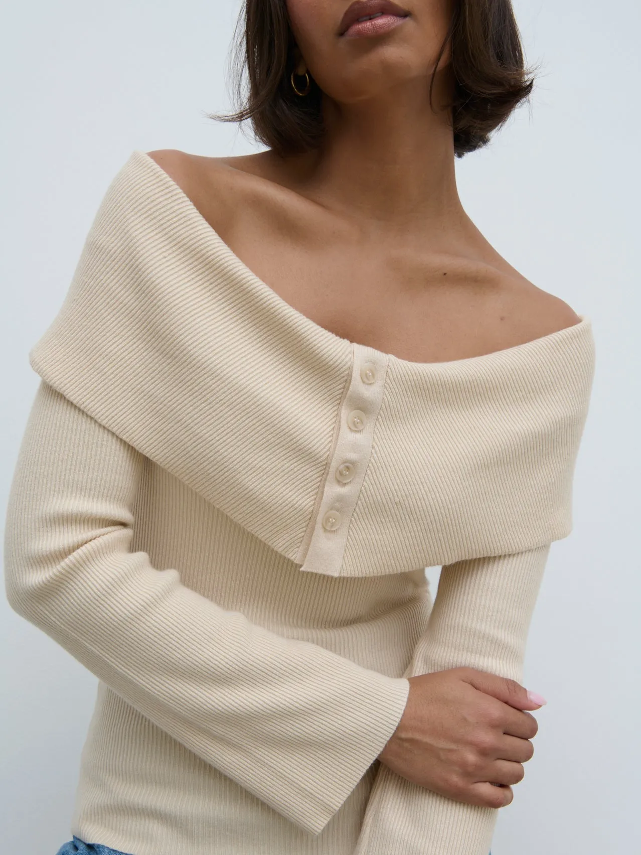 Elora Bardot Button Front Knit Top - Oatmeal sold by Pretty Lavish product image thumbnail 4