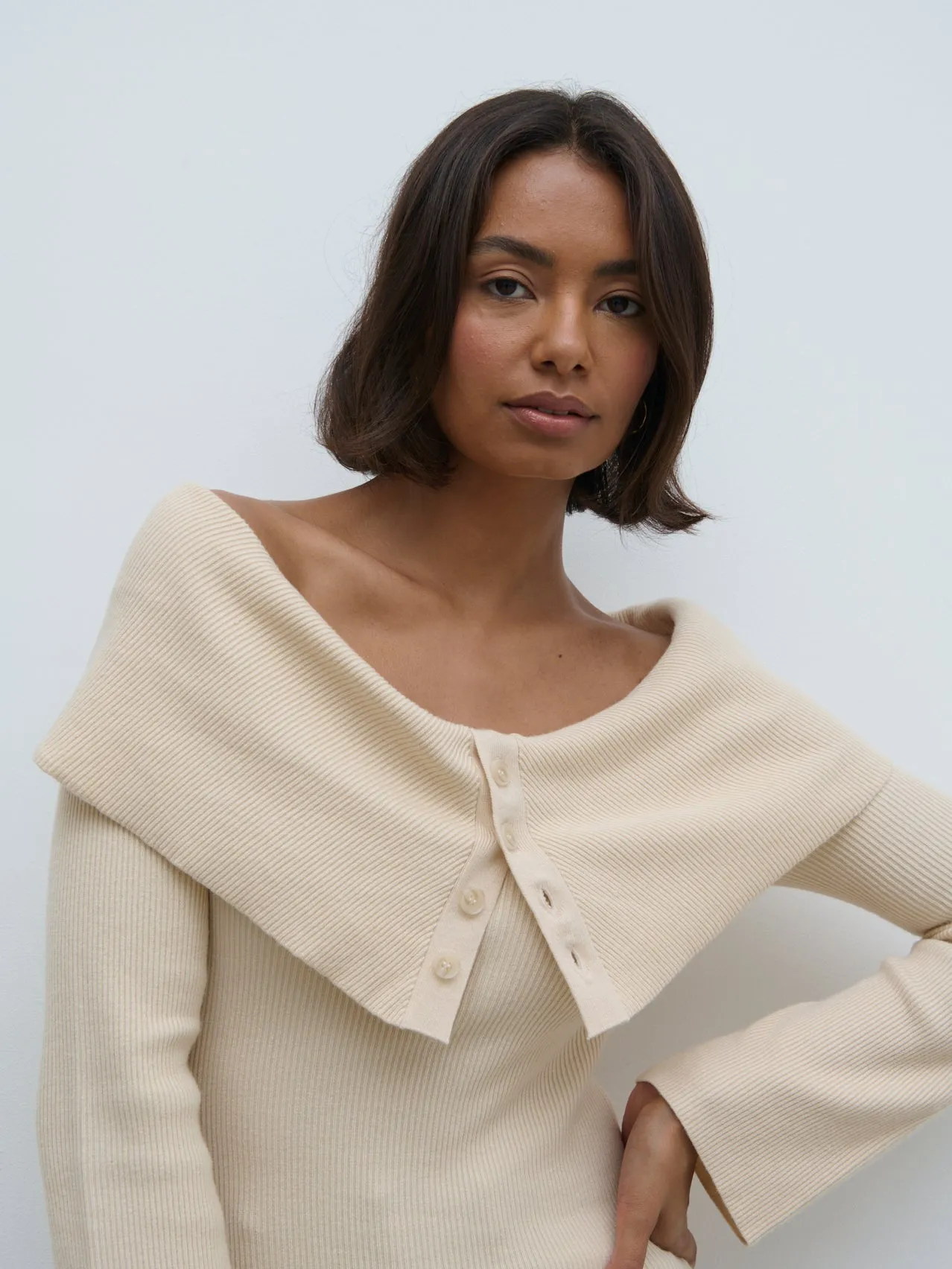 Elora Bardot Button Front Knit Top - Oatmeal sold by Pretty Lavish product image thumbnail 2