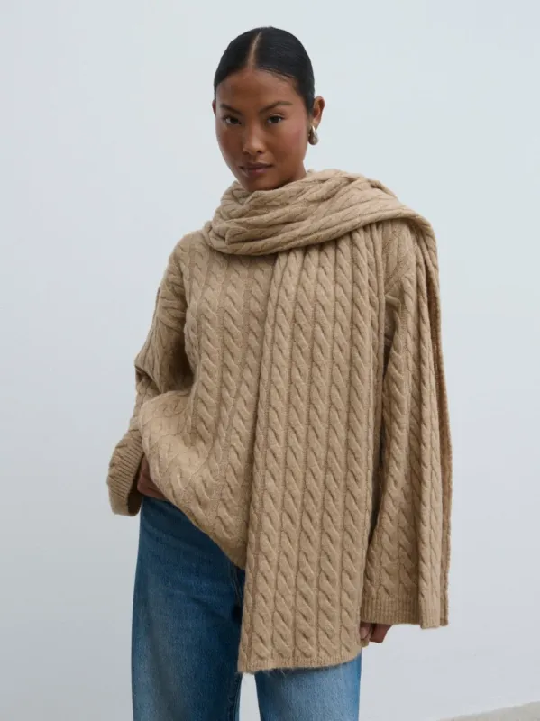 Palmer Cable Knit Jumper with Scarf - Dark Biscuit sold by Pretty Lavish
