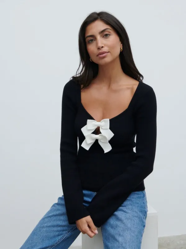 Annabeth Bow Knit Top - Black with Cream Bows sold by Pretty Lavish