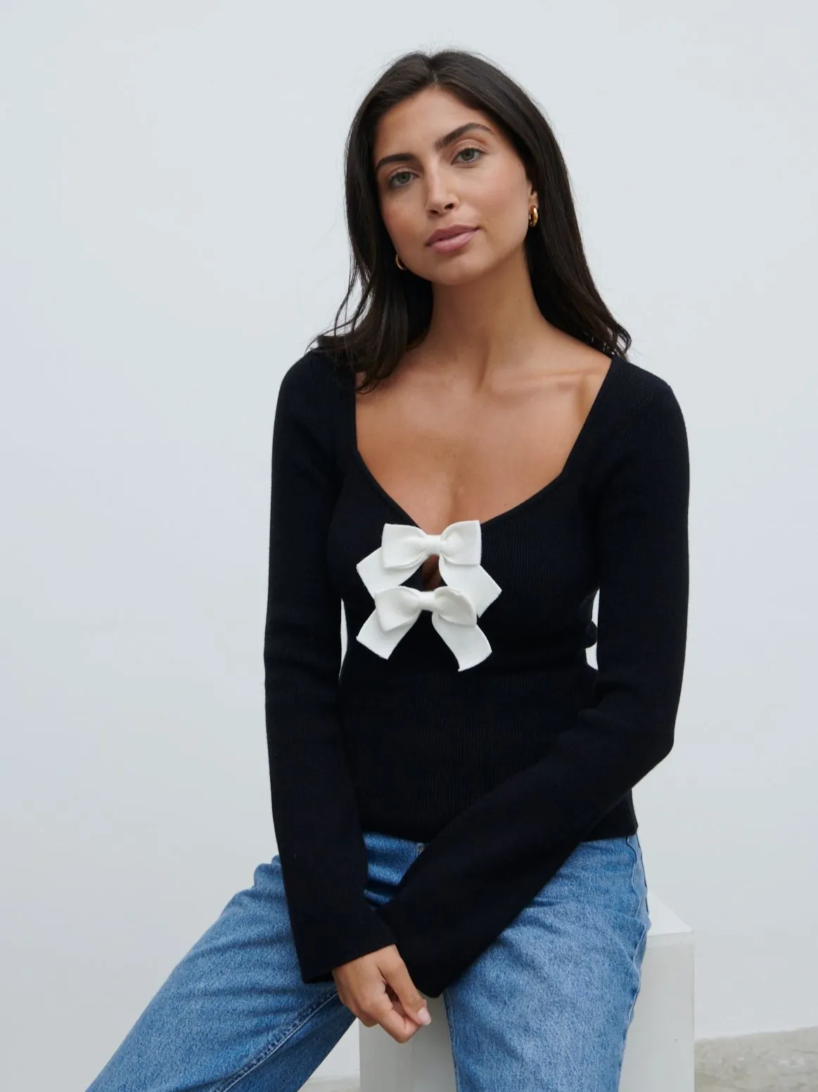 Annabeth Bow Knit Top - Black with Cream Bows sold by Pretty Lavish