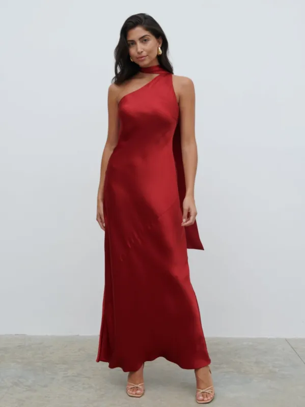 Sheree One Shoulder Sash Maxi Dress - Red sold by Pretty Lavish
