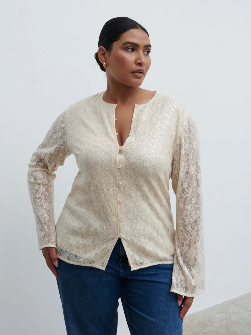 Tai Sequin Lace Cardigan Curve - Oyster sold by Pretty Lavish