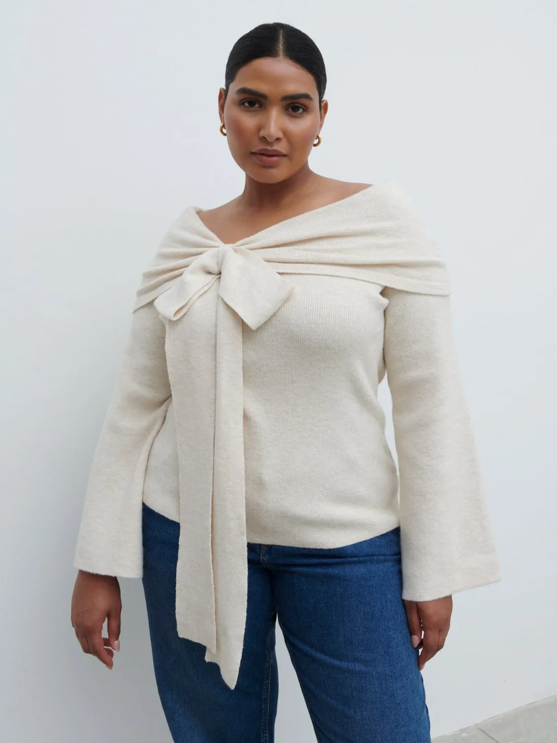 Tilda Bardot Bow Knit Top Curve - Beige sold by Pretty Lavish