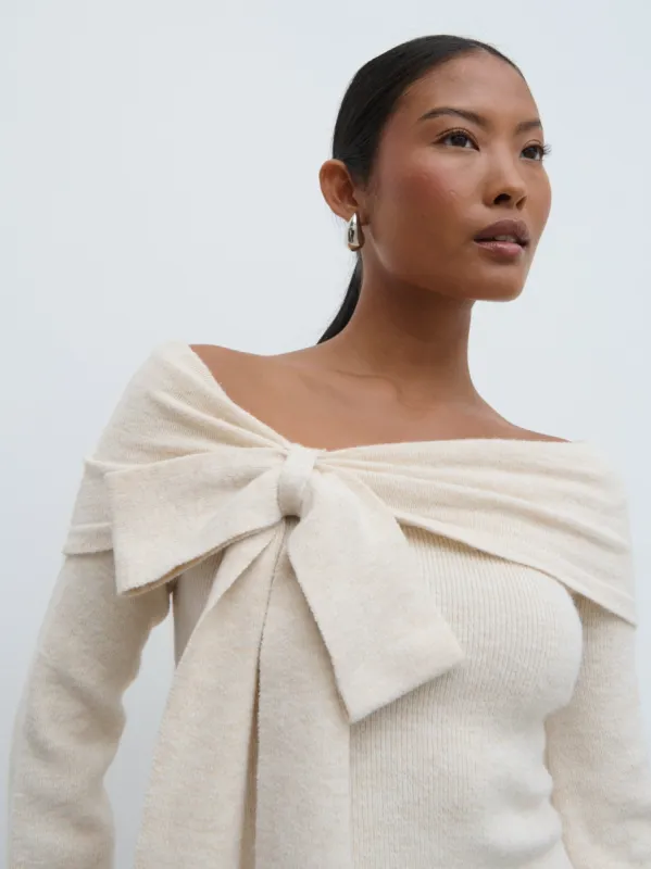 Tilda Bardot Bow Knit Top - Beige sold by Pretty Lavish