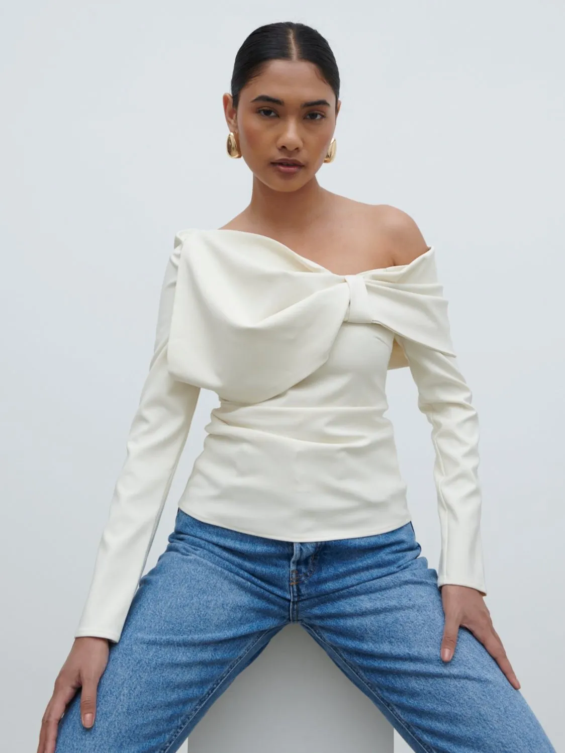 Naomi Exaggerated Bow Top - Cream sold by Pretty Lavish