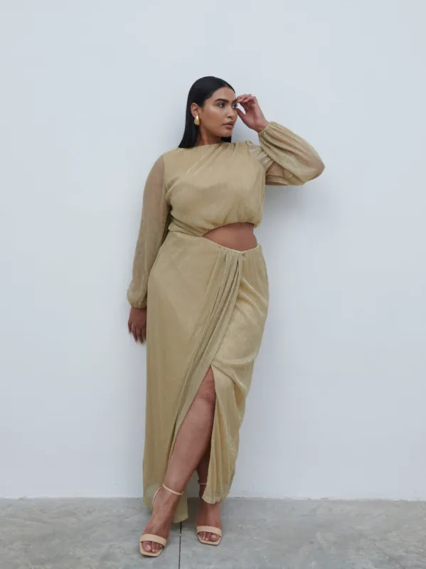 Rae Cut Out Maxi Dress Curve - Metallic Gold sold by Pretty Lavish