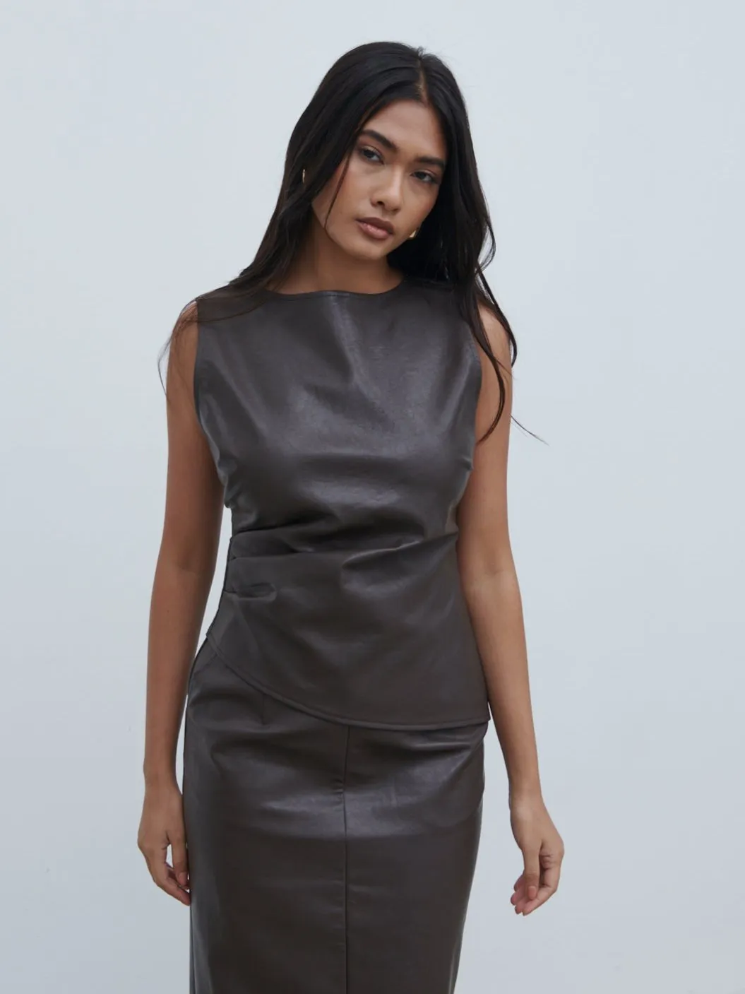 Maeve High Neck Faux Leather Top - Dark Chocolate Brown sold by Pretty Lavish product image thumbnail 3
