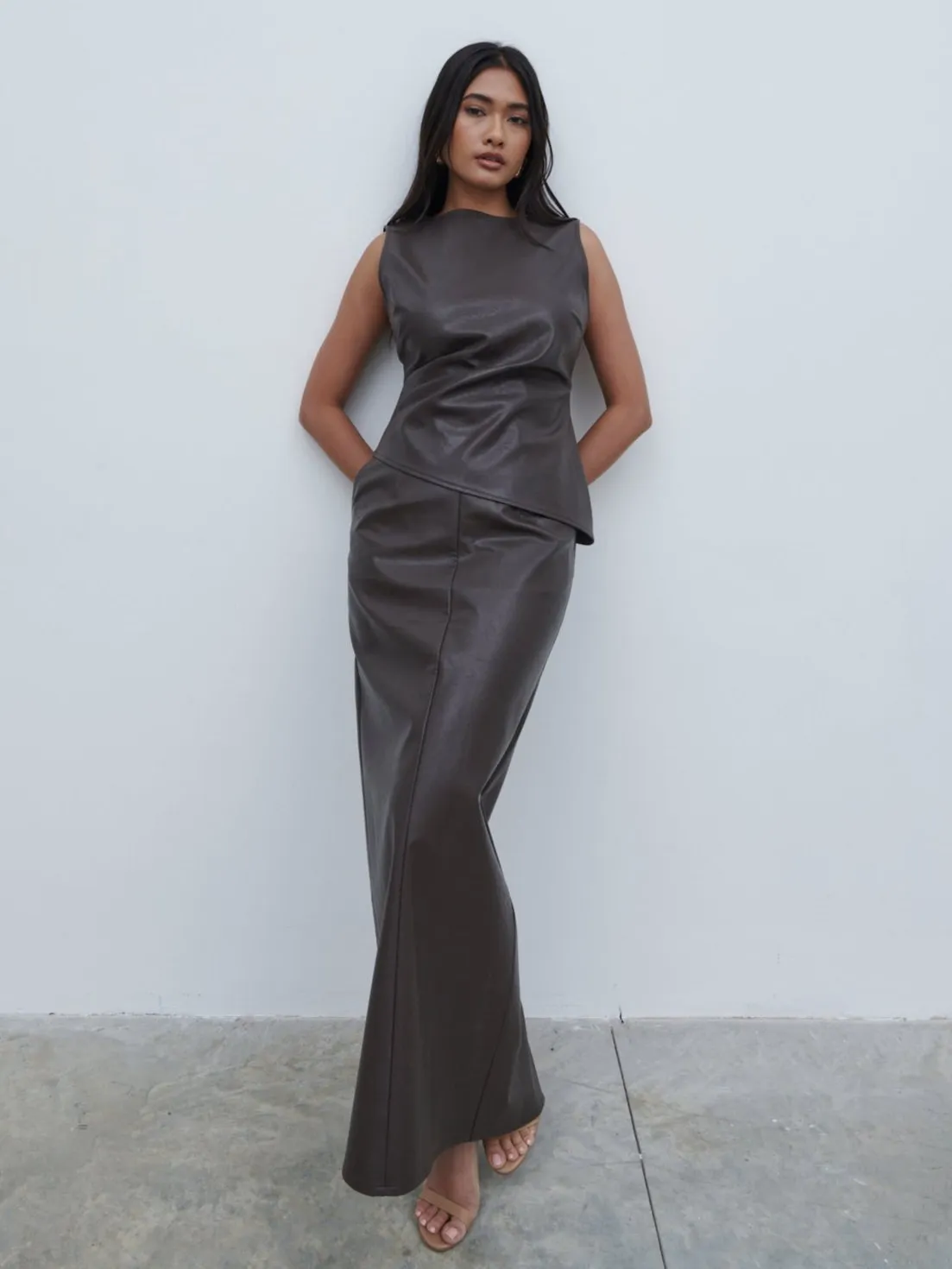 Maeve Faux Leather Maxi Skirt - Dark Chocolate Brown sold by Pretty Lavish