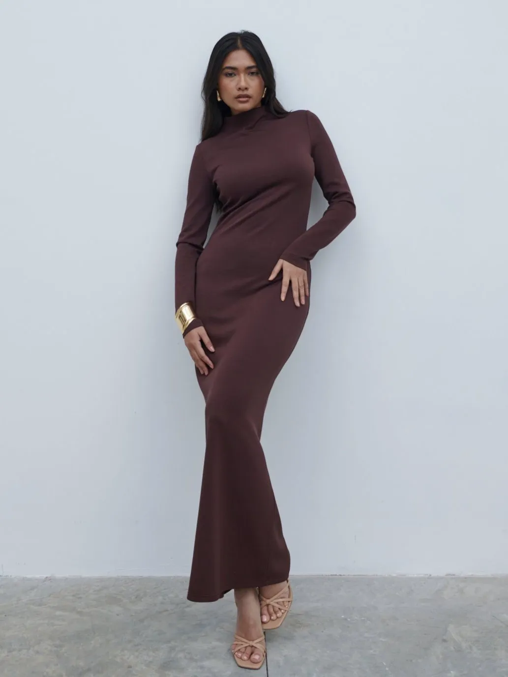 Mabel High Neck Jersey Maxi Dress - Brown sold by Pretty Lavish