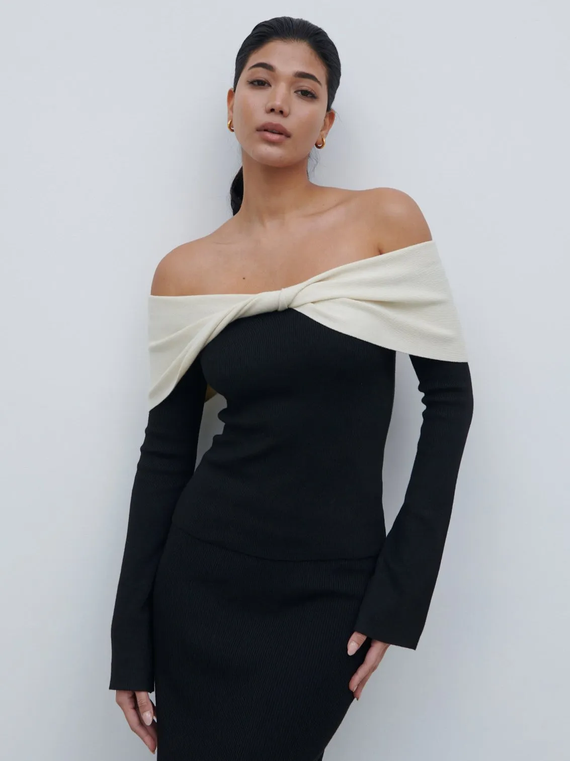 Ema Twist Bardot Knit Top - Black and Cream sold by Pretty Lavish