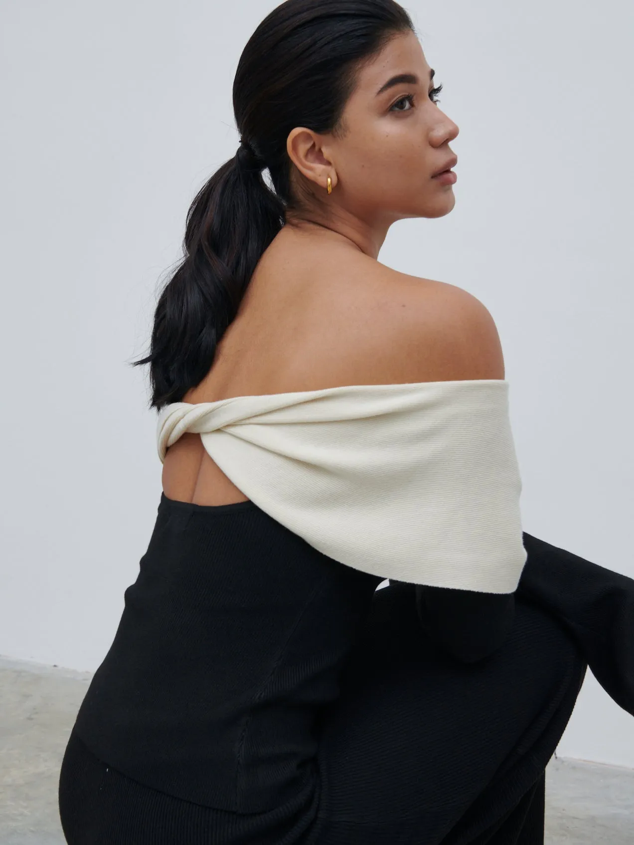 Ema Twist Bardot Knit Top - Black and Cream sold by Pretty Lavish product image thumbnail 2