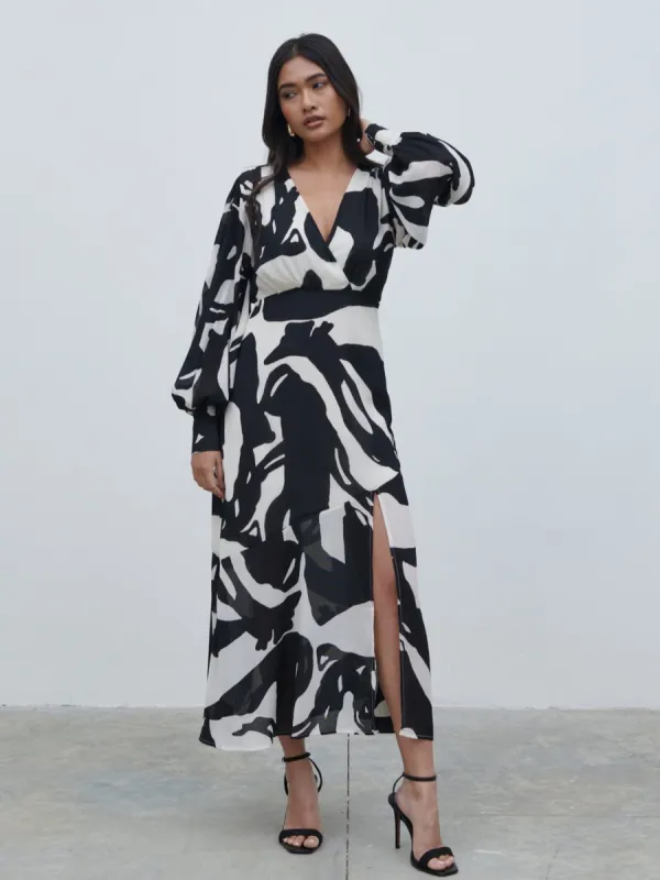 Lilianna Balloon Sleeve Printed Dress - Monochrome Abstract sold by Pretty Lavish