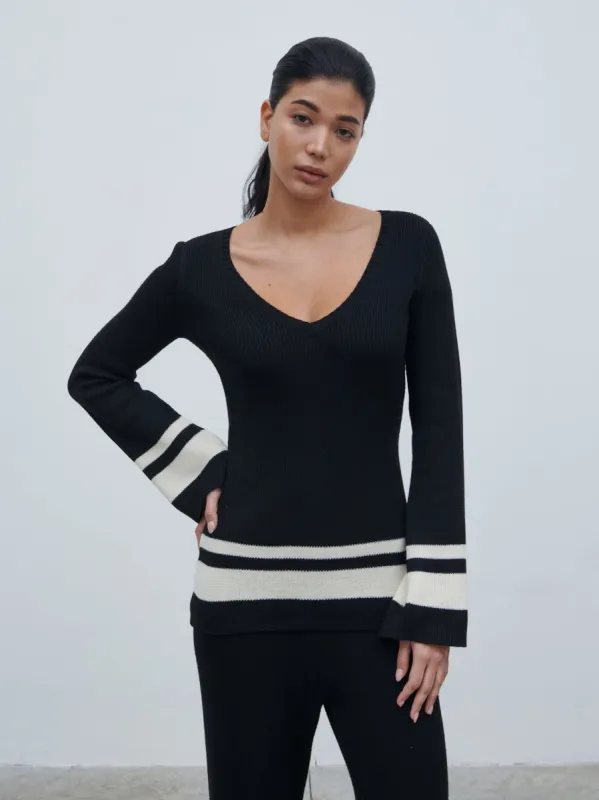Cassie V Neck Contrast Knit Jumper - Black and Cream sold by Pretty Lavish