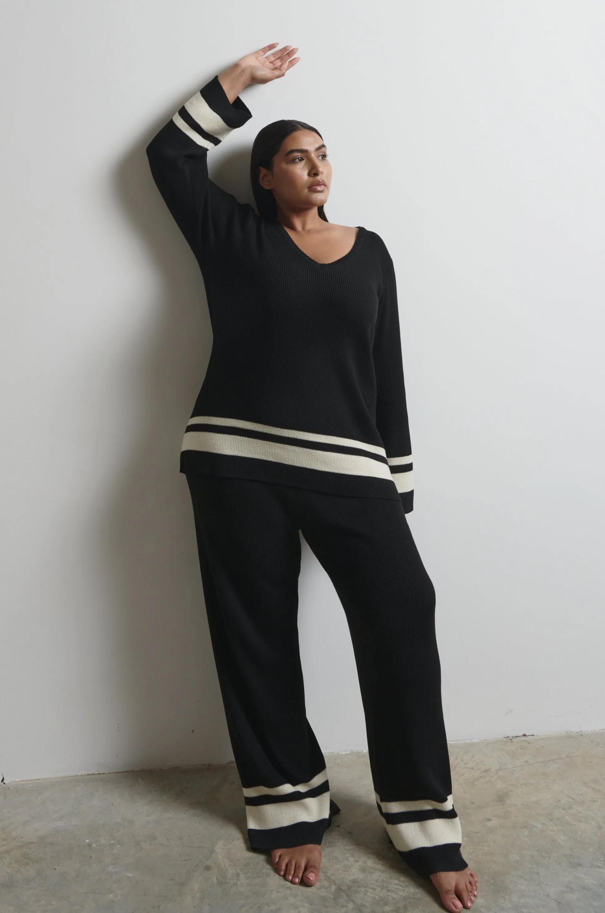 Cassie Contrast Knit Trousers Curve - Black and Cream sold by Pretty Lavish