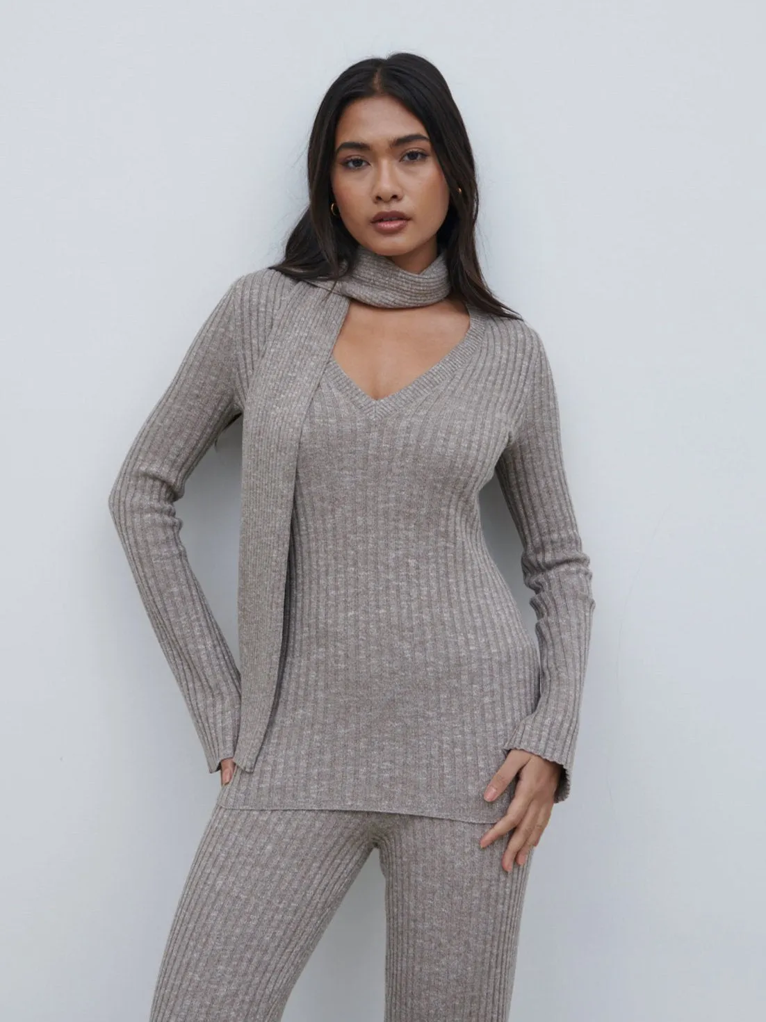 Jessie V Neck Ribbed Knit Top with Scarf - Grey Marl sold by Pretty Lavish product image thumbnail 2