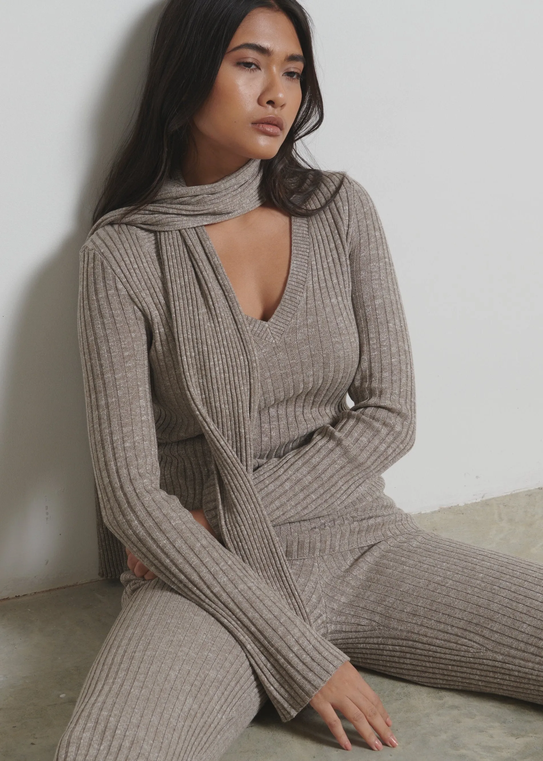 Jessie V Neck Ribbed Knit Top with Scarf - Grey Marl sold by Pretty Lavish