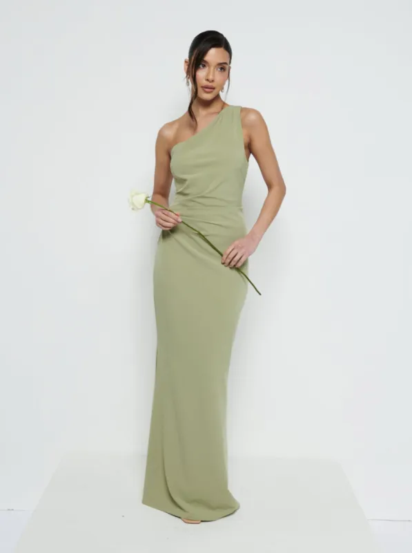 Amelia Crepe Ruched Maxi Bridesmaid Dress - Olive sold by Pretty Lavish