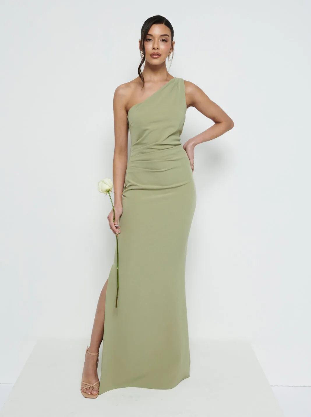 Amelia Crepe Ruched Maxi Bridesmaid Dress - Olive sold by Pretty Lavish product image thumbnail 4