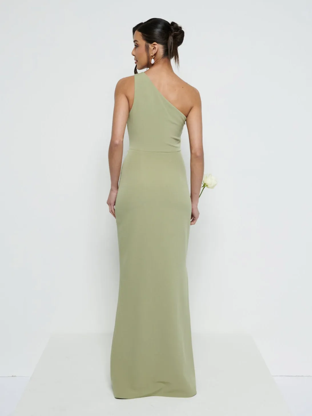 Amelia Crepe Ruched Maxi Bridesmaid Dress - Olive sold by Pretty Lavish product image thumbnail 3