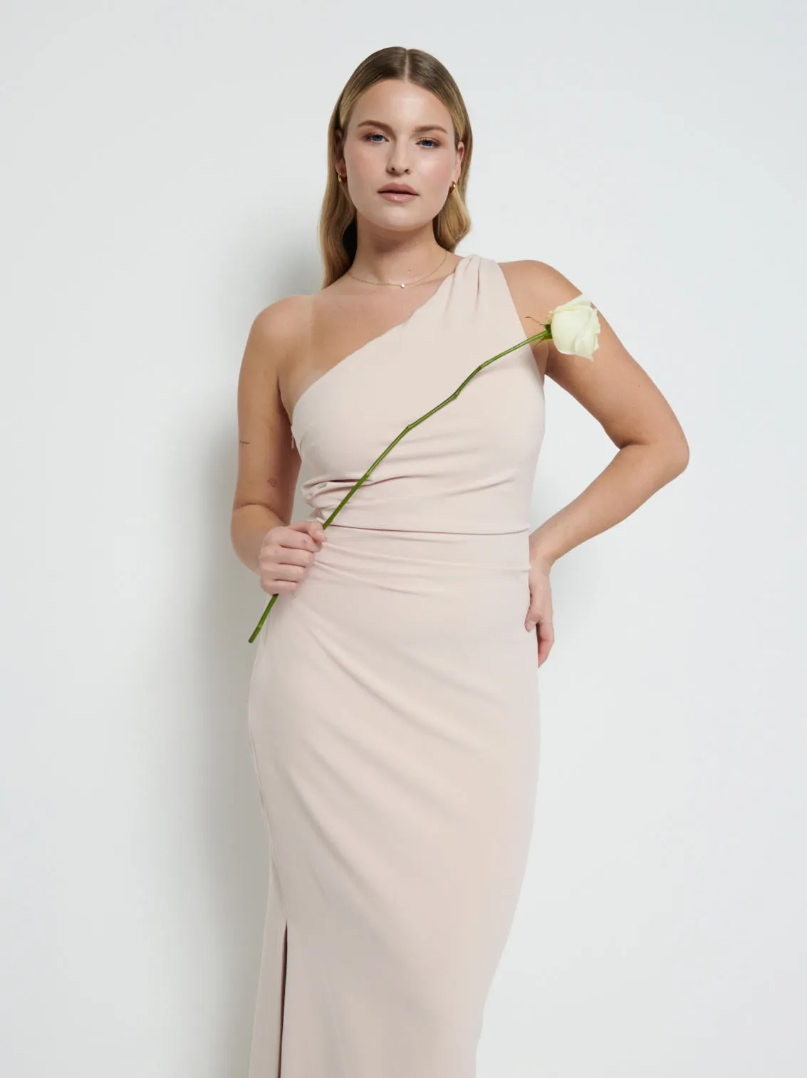 Amelia Crepe Ruched Maxi Bridesmaid Dress - Blush sold by Pretty Lavish product image thumbnail 2