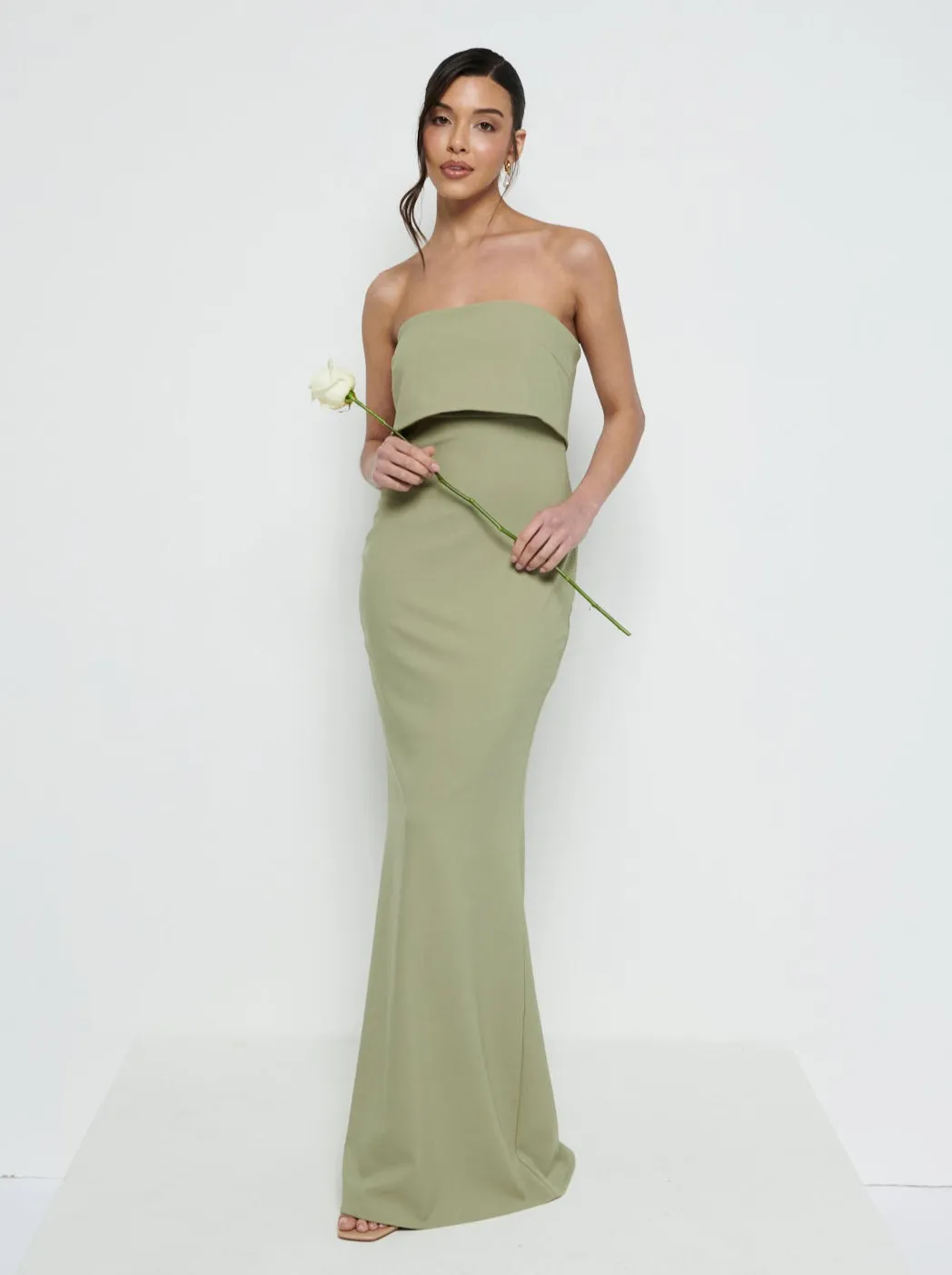 Julia Strapless Crepe Maxi Bridesmaid Dress - Olive sold by Pretty Lavish