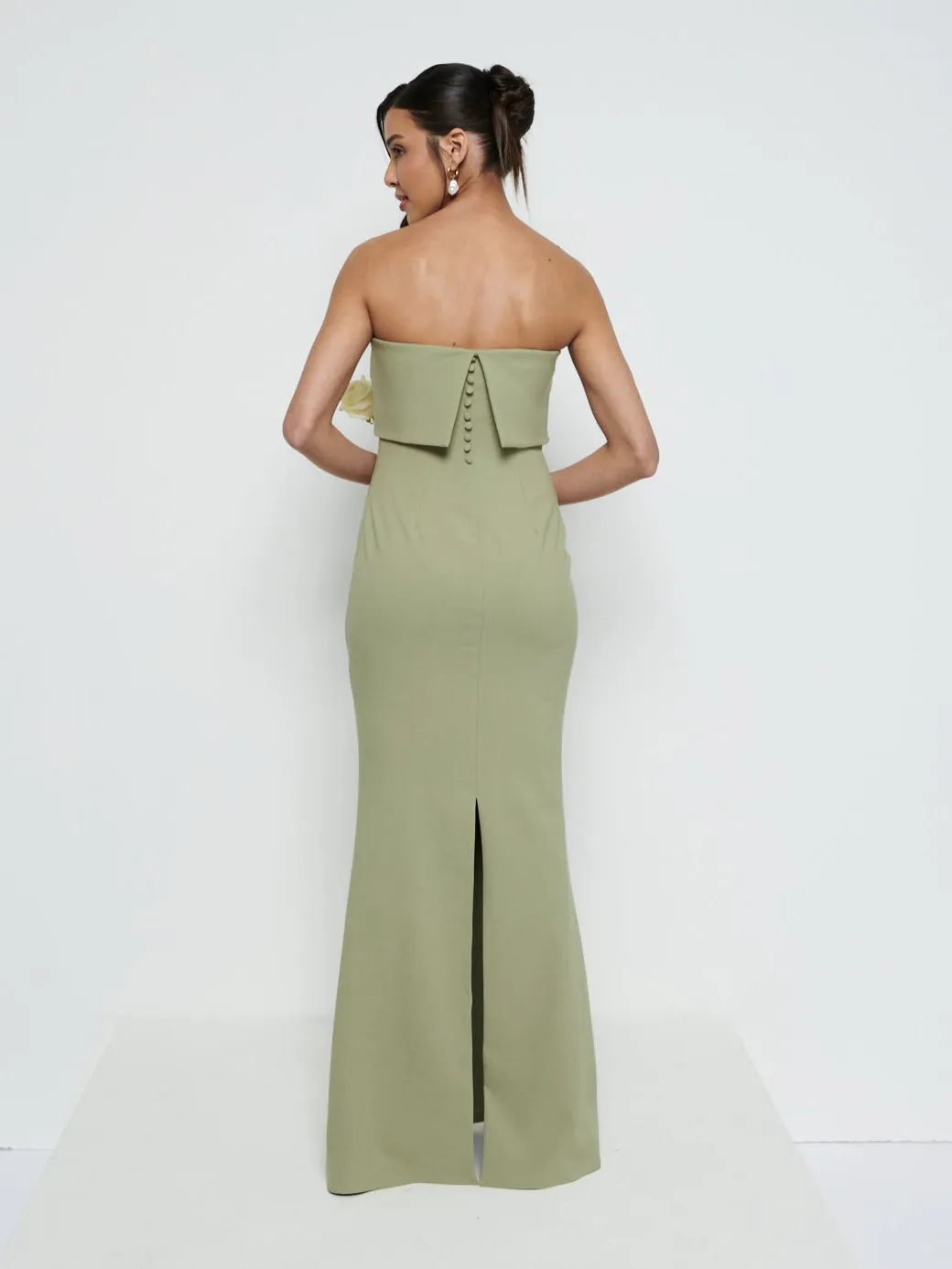 Julia Strapless Crepe Maxi Bridesmaid Dress - Olive sold by Pretty Lavish product image thumbnail 3