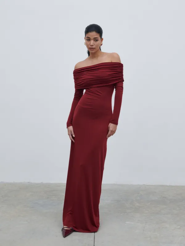 Perrie Bardot Jersey Maxi Dress - Burgundy sold by Pretty Lavish