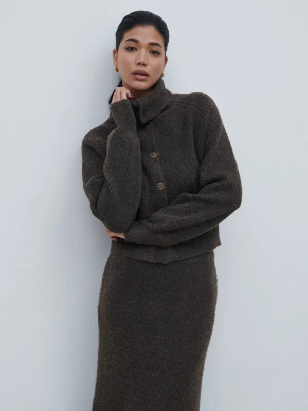 Camille High Neck Knit Cardigan - Bark sold by Pretty Lavish