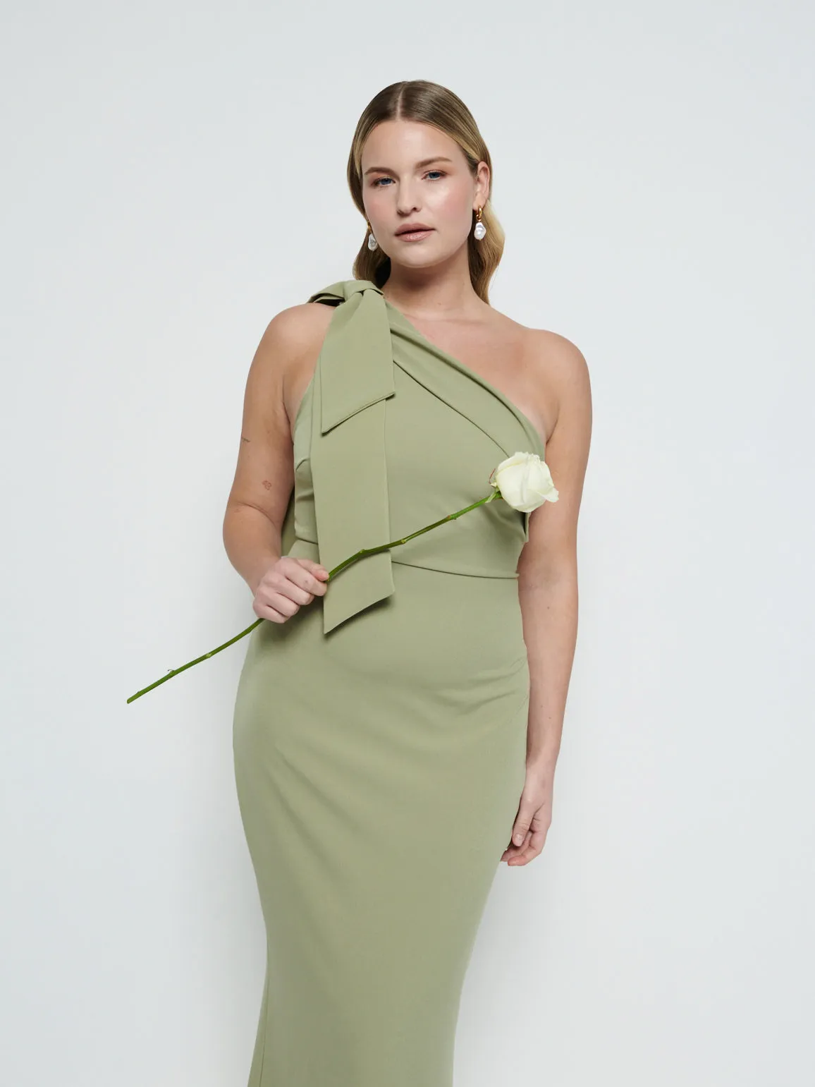 Nevaeh One Shoulder Crepe Maxi Bridesmaid Dress - Olive sold by Pretty Lavish product image thumbnail 2