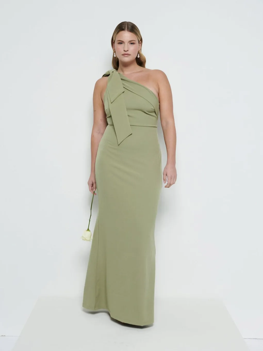 Nevaeh One Shoulder Crepe Maxi Bridesmaid Dress - Olive sold by Pretty Lavish product image thumbnail 4