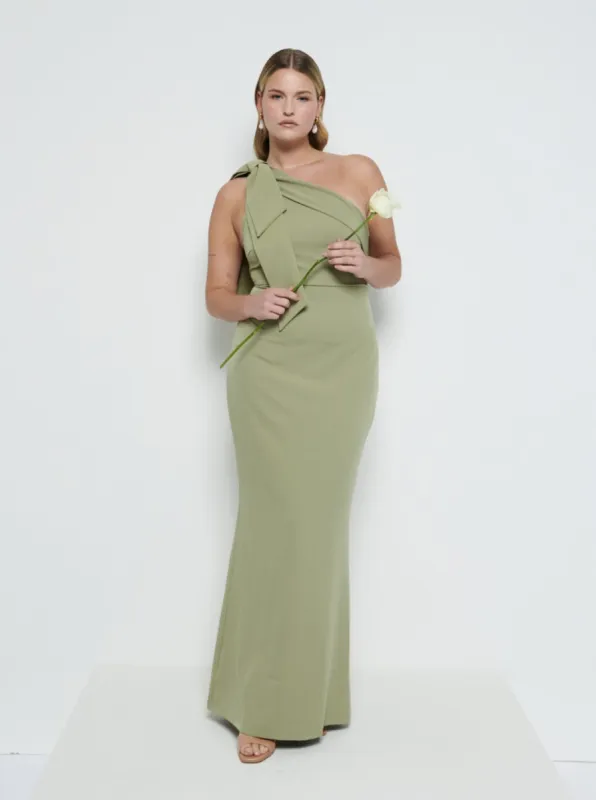 Nevaeh One Shoulder Crepe Maxi Bridesmaid Dress - Olive sold by Pretty Lavish
