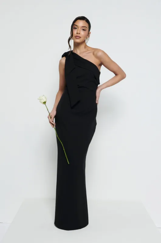 Nevaeh One Shoulder Crepe Maxi Bridesmaid Dress - Black sold by Pretty Lavish