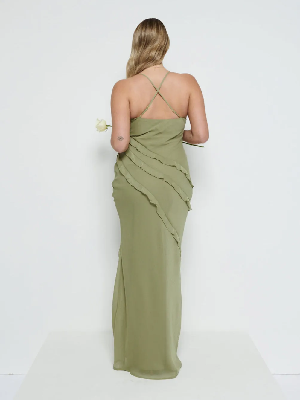 Constance Ruffle Chiffon Maxi Bridesmaid Dress - Olive sold by Pretty Lavish product image thumbnail 3