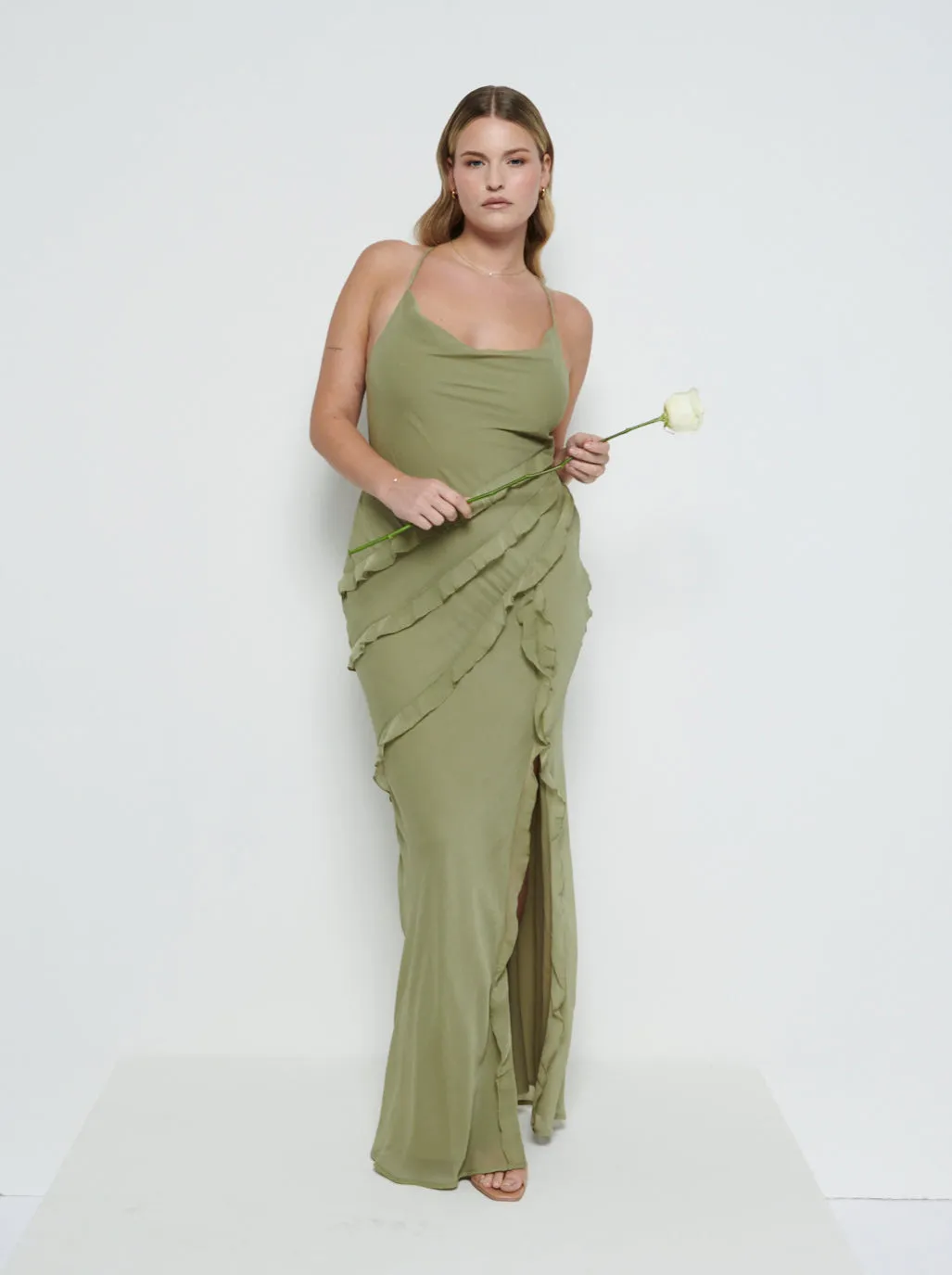 Constance Ruffle Chiffon Maxi Bridesmaid Dress - Olive sold by Pretty Lavish