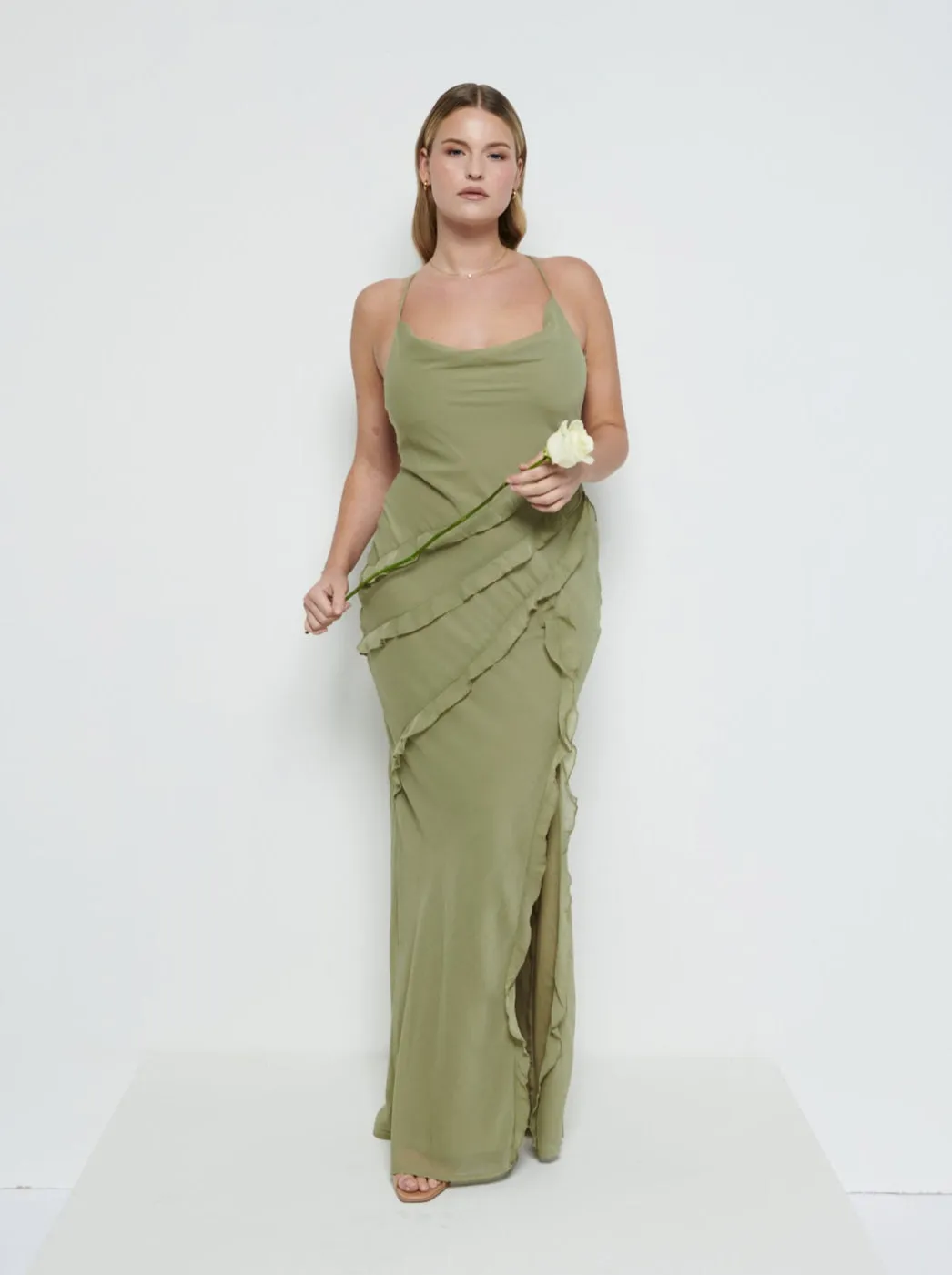 Constance Ruffle Chiffon Maxi Bridesmaid Dress - Olive sold by Pretty Lavish product image thumbnail 4
