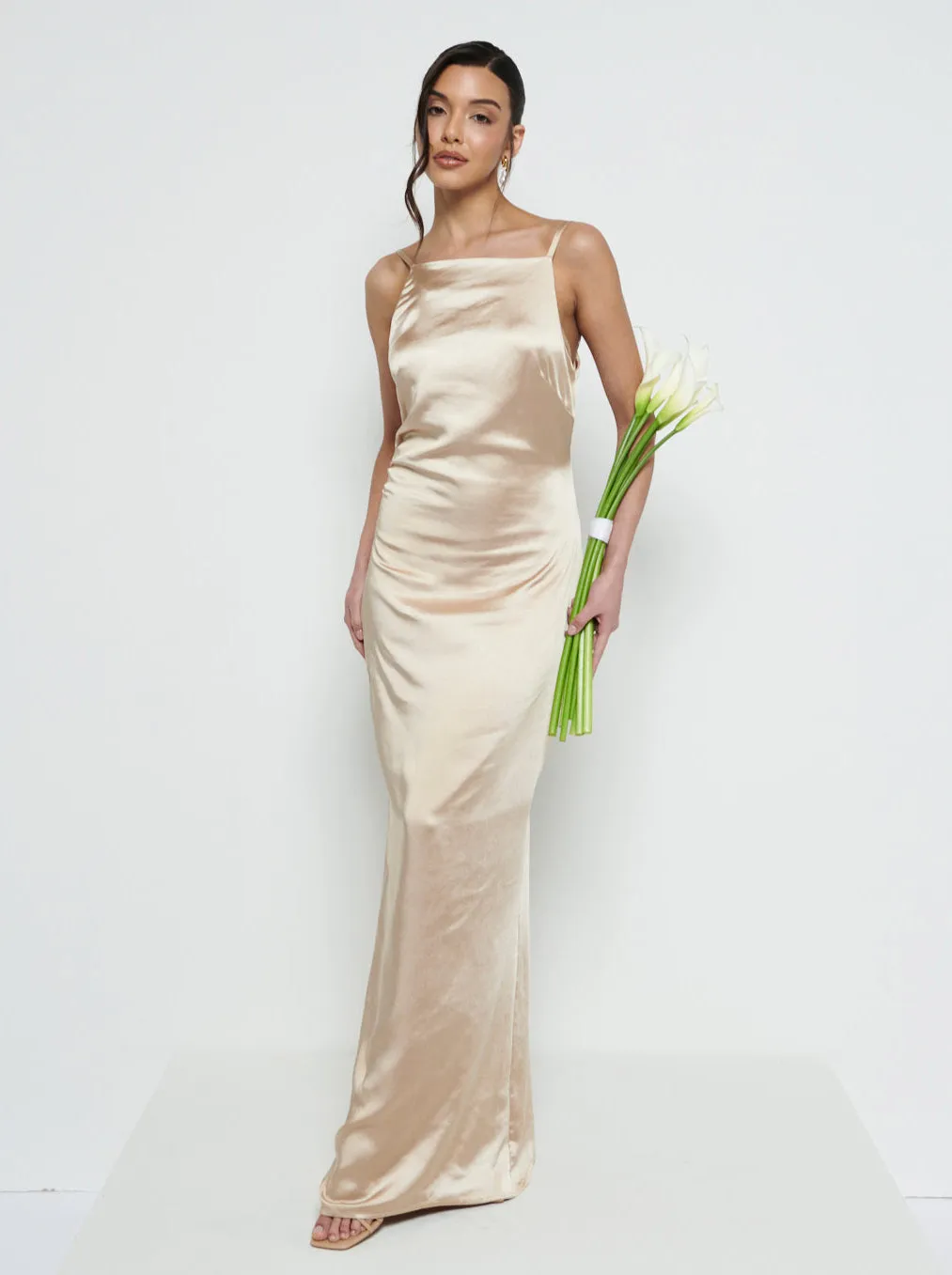 June Satin Maxi Bridesmaid Dress - Bronze sold by Pretty Lavish